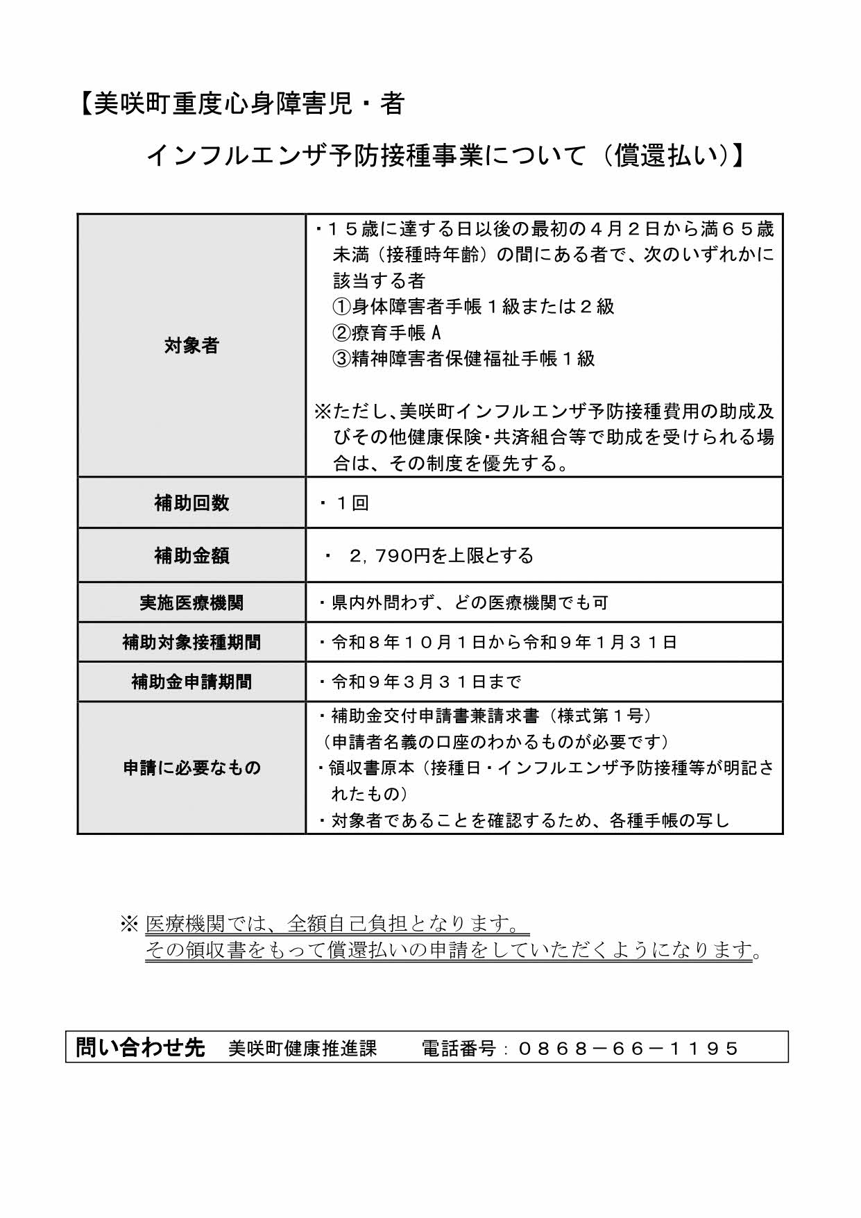 令和8年度 重度心身障害児・者インフルエンザ予防接種費用助成のお知らせ