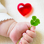 赤ちゃんの手に握られたクローバーの上に、ハート形の置物が置かれている様子