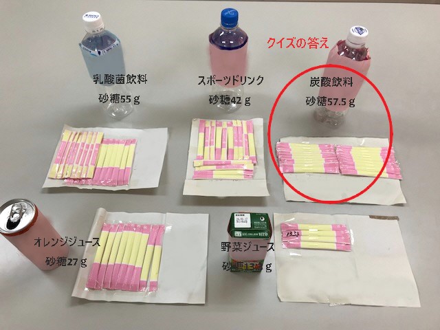 5週類の飲料に含まれる砂糖の量をスティックシュガーの数で可視化した写真