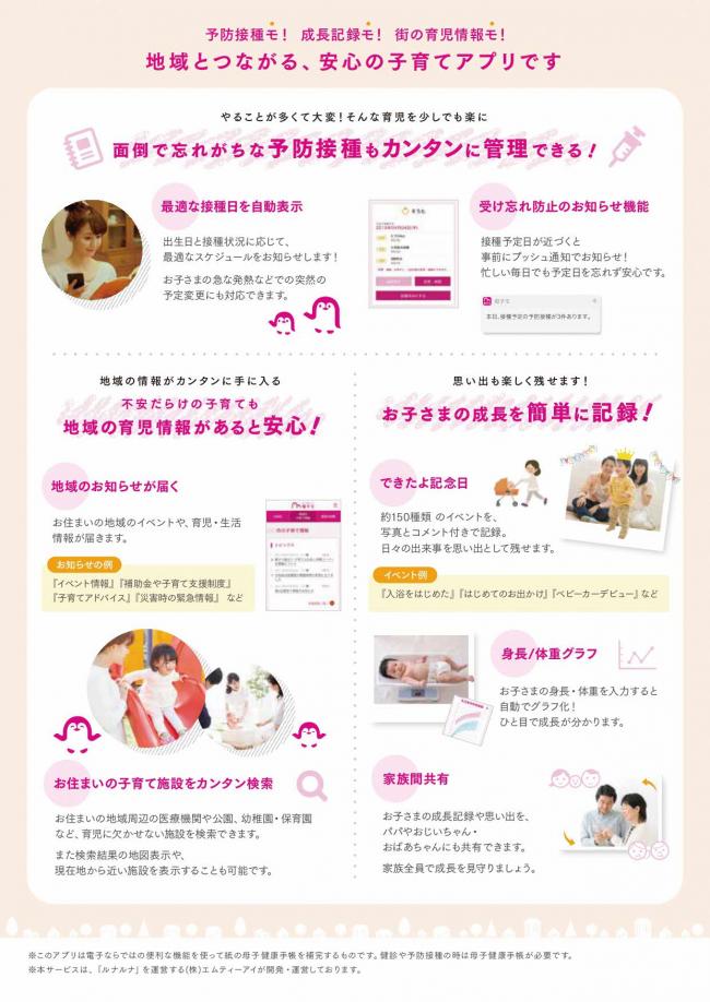 予防接種の管理などが出来る子育てアプリの説明チラシ
