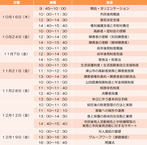 令和7年度市民後見人養成講座日程表