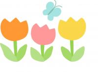 ピンク、オレンジ、黄色のチューリップと、青い蝶々のイラスト