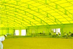 黄緑色でアーチ状の屋根をした建物の写真