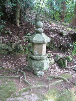 森の中に置かれた石塔の写真