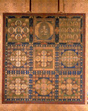 九つの模様が描かれている古びた絵画の写真