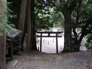 しめ縄の付いた石造りの鳥居の写真