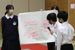 講堂で学生たちが白い模造紙を掲げて意見を発表している写真