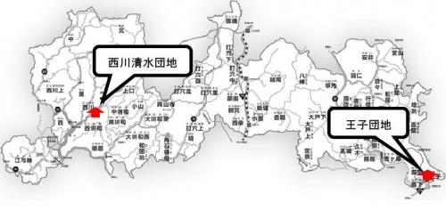 2ヶ所の分譲地の場所が赤く塗られ、それぞれの名称が吹き出しで記載された地図