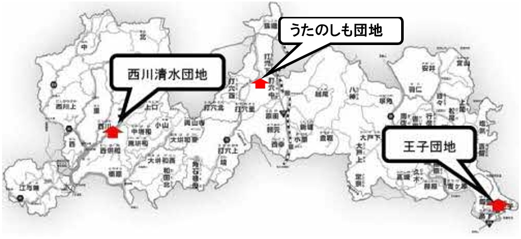 3ヶ所の分譲地の場所が赤く塗られ、それぞれの名称が吹き出しで記載された地図
